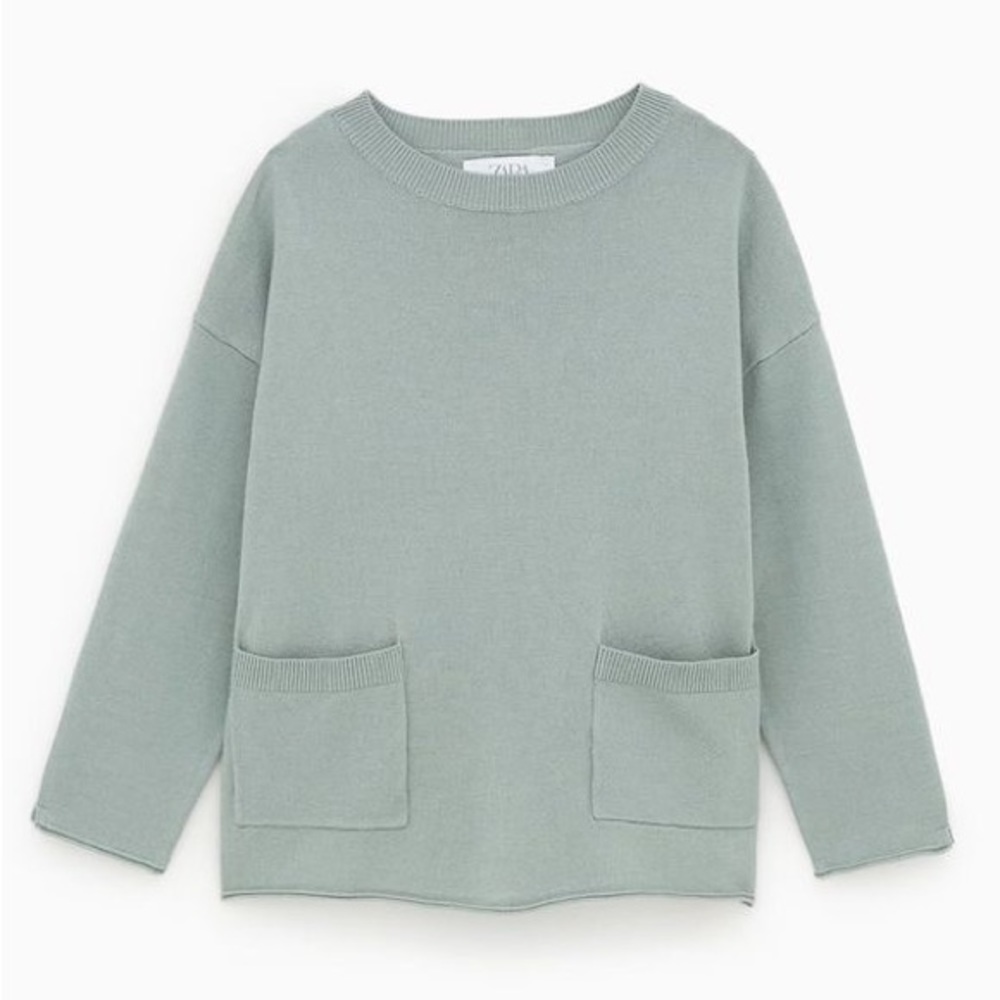 Zara Kids Girls Green Two Front Pocket Knit Sweater Size 13-14